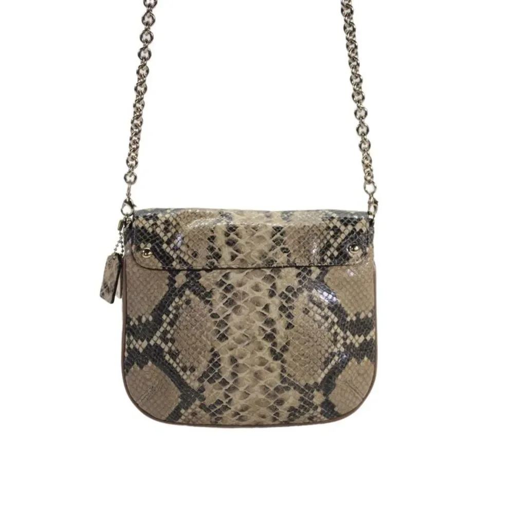 Coach Womens Chain Strap Snakeskin Printed Flap Shoulder Handbag Brown